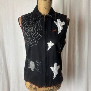 NWT Life Style Black Cotton Halloween Vest Ghost Spider Beaded Appliqué Small